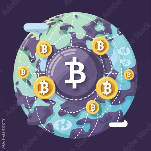 2d vector illustration colorful trading over the world map money bitcoin crypto 
