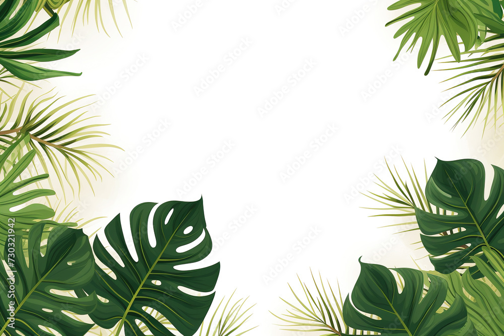 Top view of tropical leaves on white background