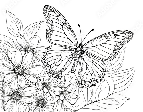 Croquis d un papillon au milieu des fleurs 