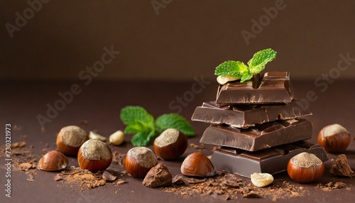 pieces of dark chocolate stack with nuts on the table