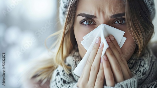 Woman holds a handkerchief, napkin in her hand, showcasing the common cold and runny nose during the flu season with a focus on health and illness prevention