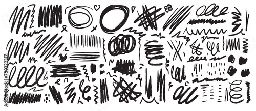 A set of black doodle lines, strokes, sketches, stripes, scrath drawn by hand on a white background. Scribble, textured design elements.