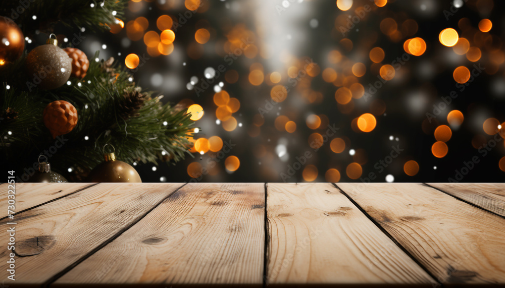 Wooden table with shiny Christmas lights, glowing in dark backdrop generated by AI Wooden table with shiny Christmas lights, glowing in dark backdrop generated by AI