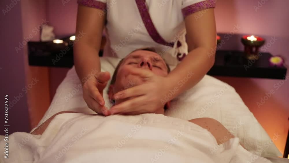 Masseur does massage for young man in thai spa salon