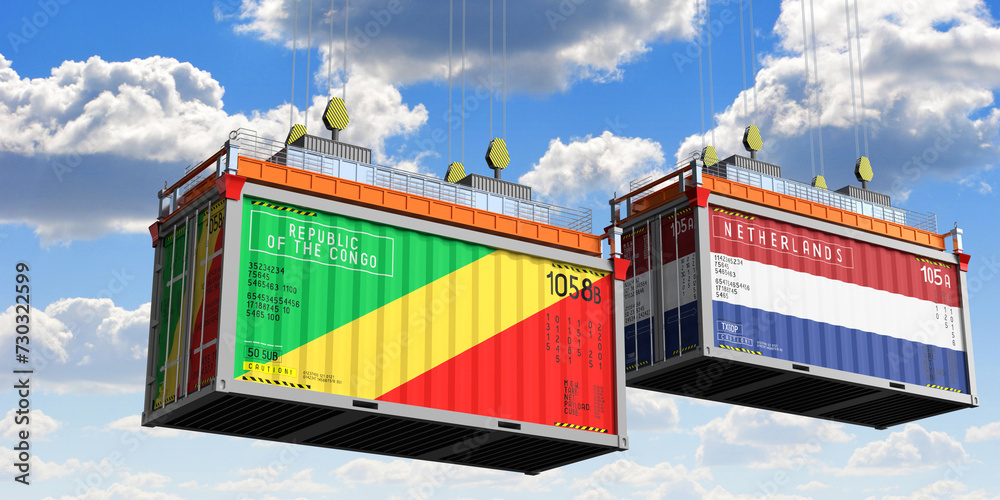 Shipping containers with flags of Congo and Netherlands - 3D illustration