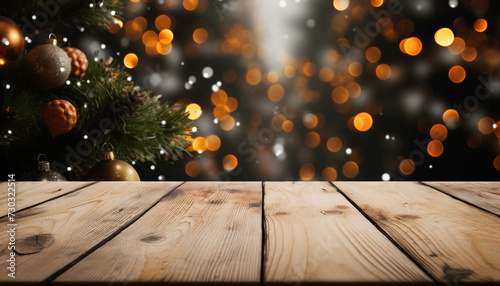 Wooden table with shiny Christmas lights, glowing in dark backdrop generated by AI