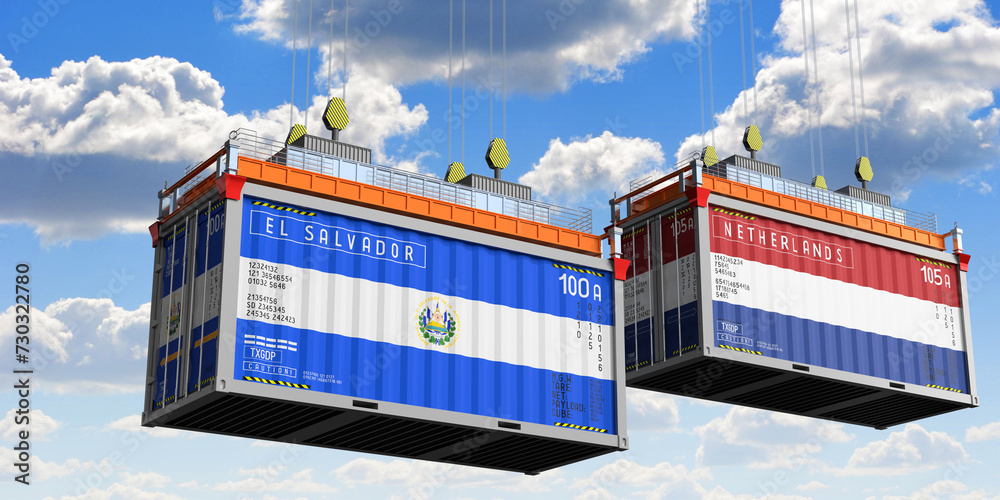 Shipping containers with flags of El Salvador and Netherlands - 3D illustration