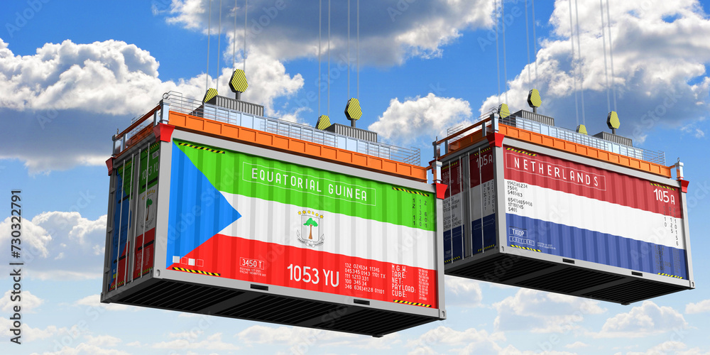 Shipping containers with flags of Equatorial Guinea and Netherlands - 3D illustration