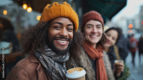 Fashion-forward folks indulge in urban coffee scenes, grinning warmly at the ...