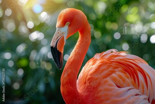 A male flamingo proudly displays its bright plumage during a vibrant courtshi...
