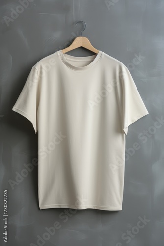 Ivory t shirt is seen against a gray wall