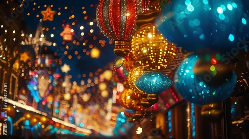 Gigantic floats adorned with sequins and LED lights glide through the night