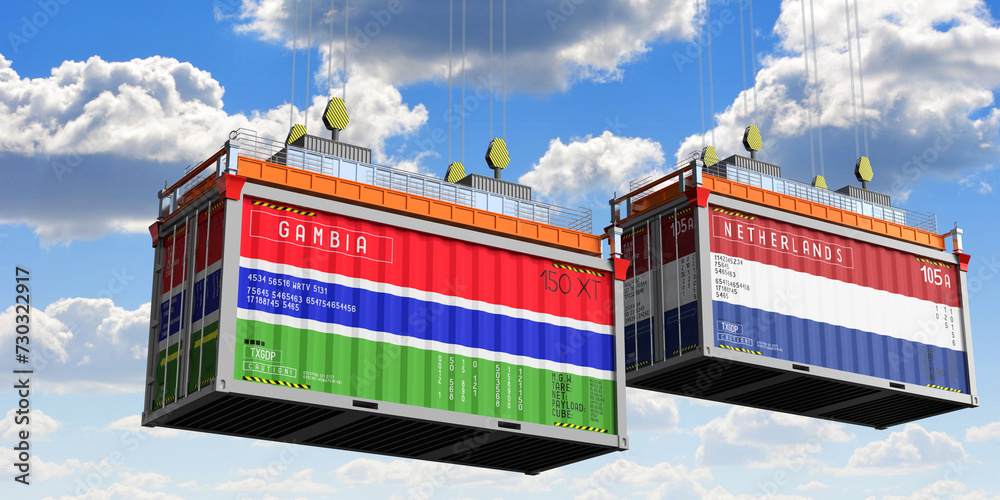 Shipping containers with flags of Gambia and Netherlands - 3D illustration Shipping containers with flags of Gambia and Netherlands - 3D illustration