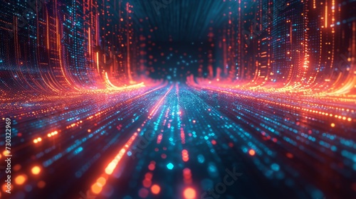 Glowing data visualization on a minimalist, bright technological stage