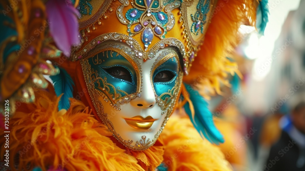 Revelers don stunning outfits, from exotic masks to feathered headdresses