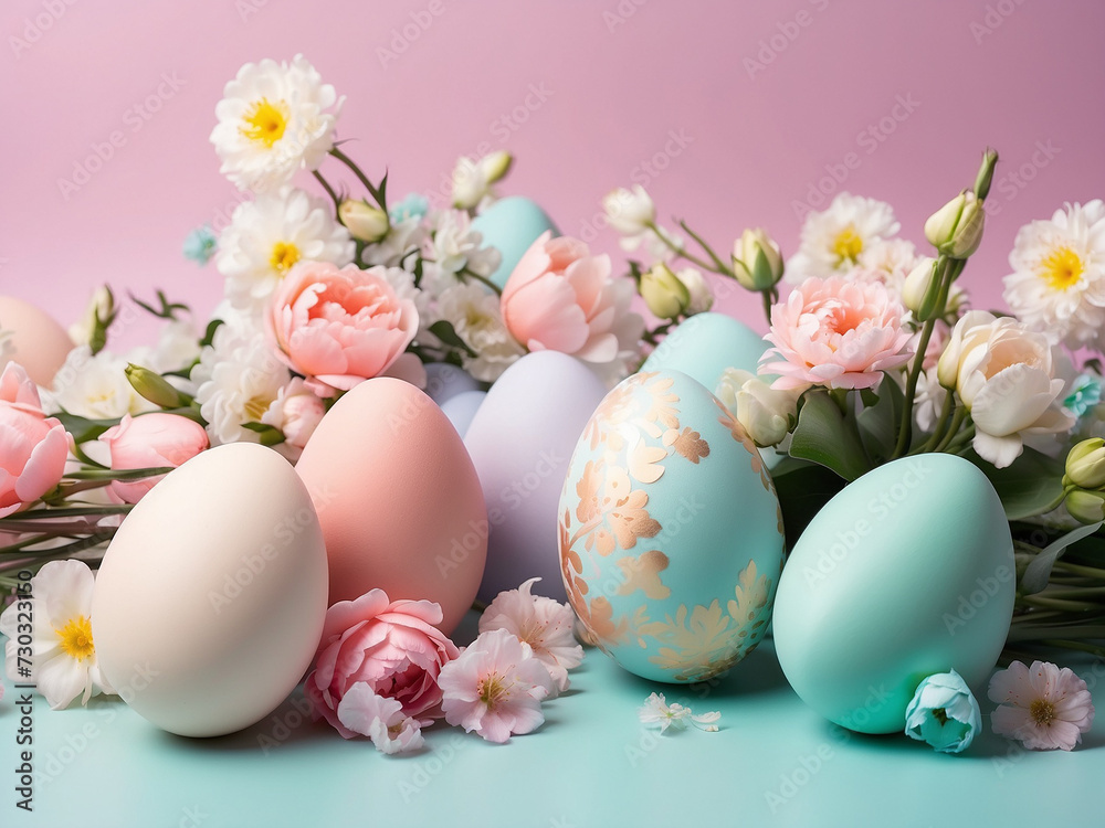 Easter eggs and flowers in pastel colors Easter eggs and flowers in pastel colors
