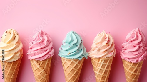 Pastel-hued ice cream cones on a simple background evoke the joy of summer tr...