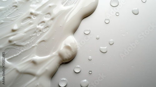 A close-up of milk droplets on a sleek, white surface, highlighting its silky texture.