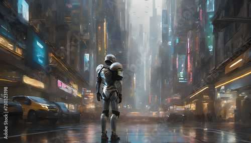 a sci-fi scene with a an armored cyborg