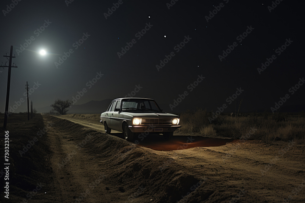 Night car rallye, vintage car is on the road in a moonlight