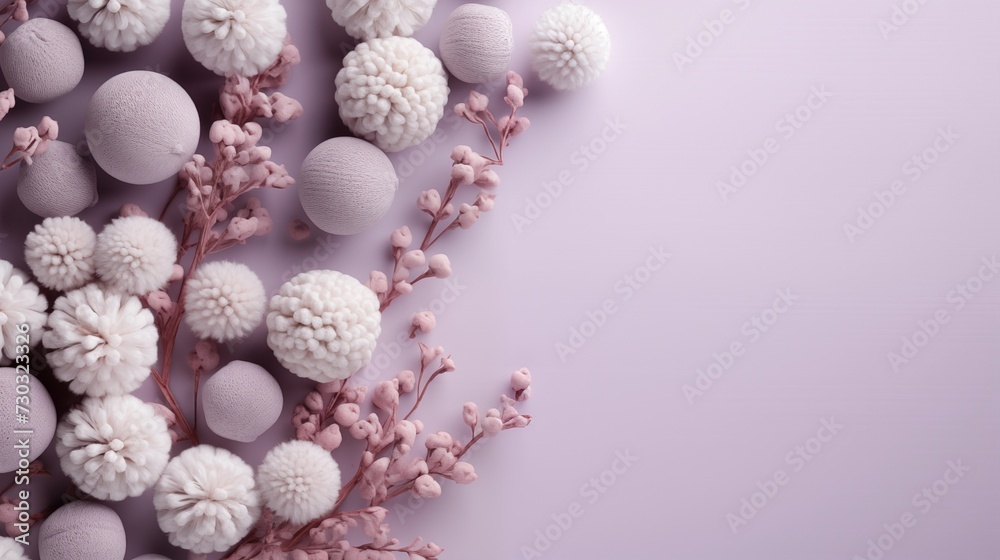 Christmas background with wool decorations and flowers