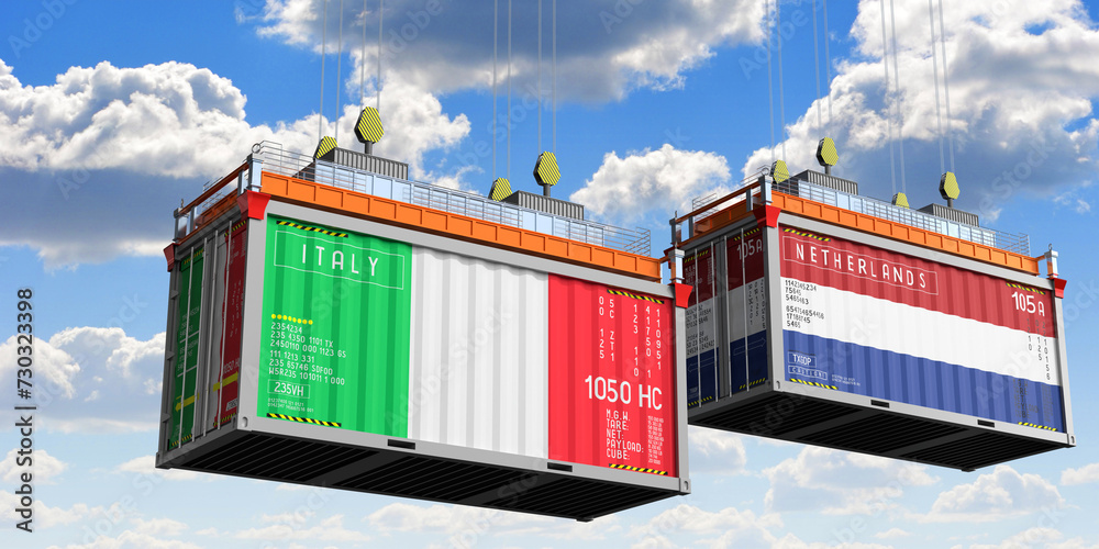 Shipping containers with flags of Italy and Netherlands - 3D illustration