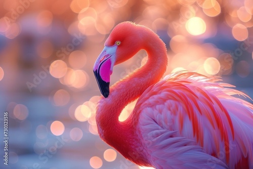 A male flamingo proudly displays its bright plumage during a vibrant courtshi...