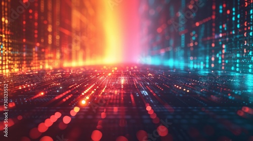 Glowing data visualization on a minimalist, bright technological stage