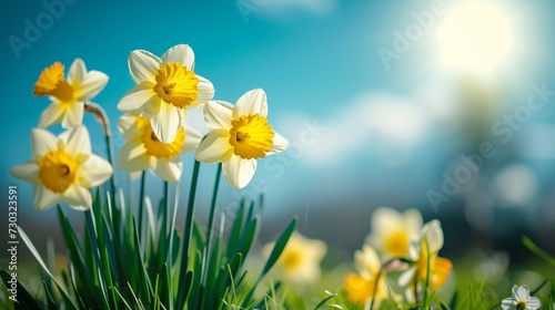 Sunny daffodils sway in a gentle breeze on a radiant spring day.