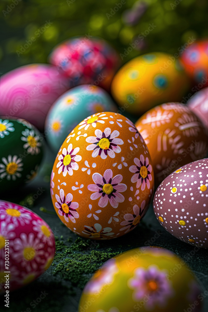 Fototapeta premium Decorated Easter eggs of various colors with copy space