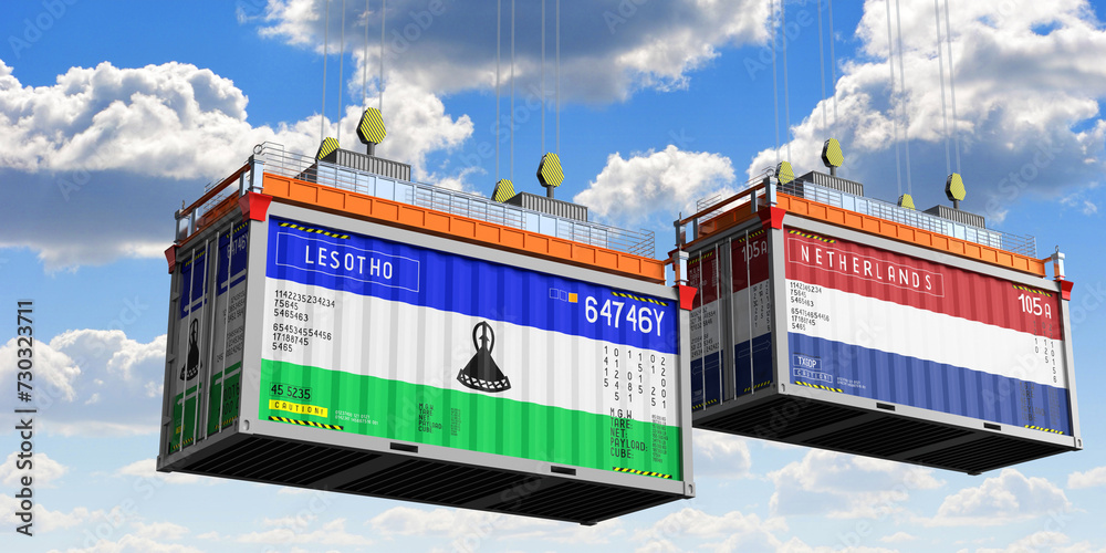 Shipping containers with flags of Lesotho and Netherlands - 3D illustration