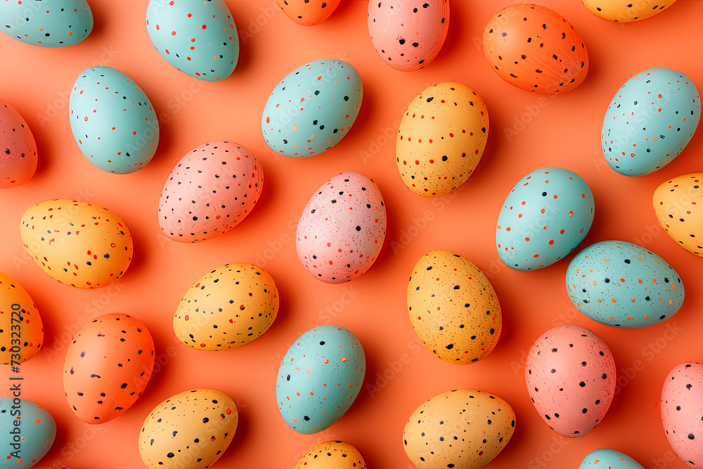 Decorated Easter eggs of various colors with copy space