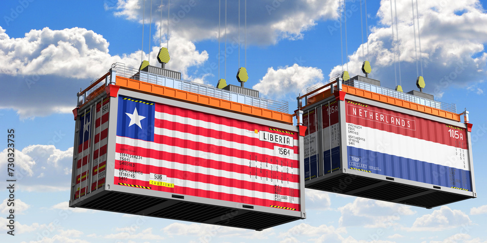 Shipping containers with flags of Liberia and Netherlands - 3D illustration