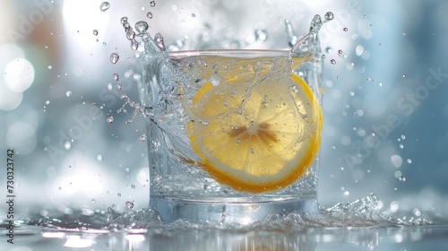 A lemon half plunges into a crystal-clear glass of water, capturing a refresh...