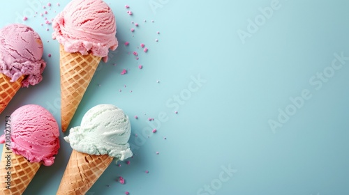 Pastel-hued ice cream cones on a simple background evoke the joy of summer tr...