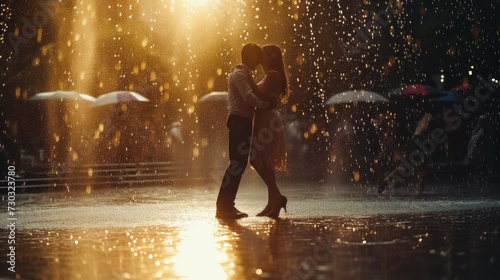 Love shines through as a couple twirls in a downpour, laughing joyously
