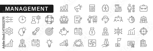 Management icons set. Business and organisation management collection. Manager, strategy, teamwork, marketing, business, planning, employee, communication, human resource icons. Vector illustrator