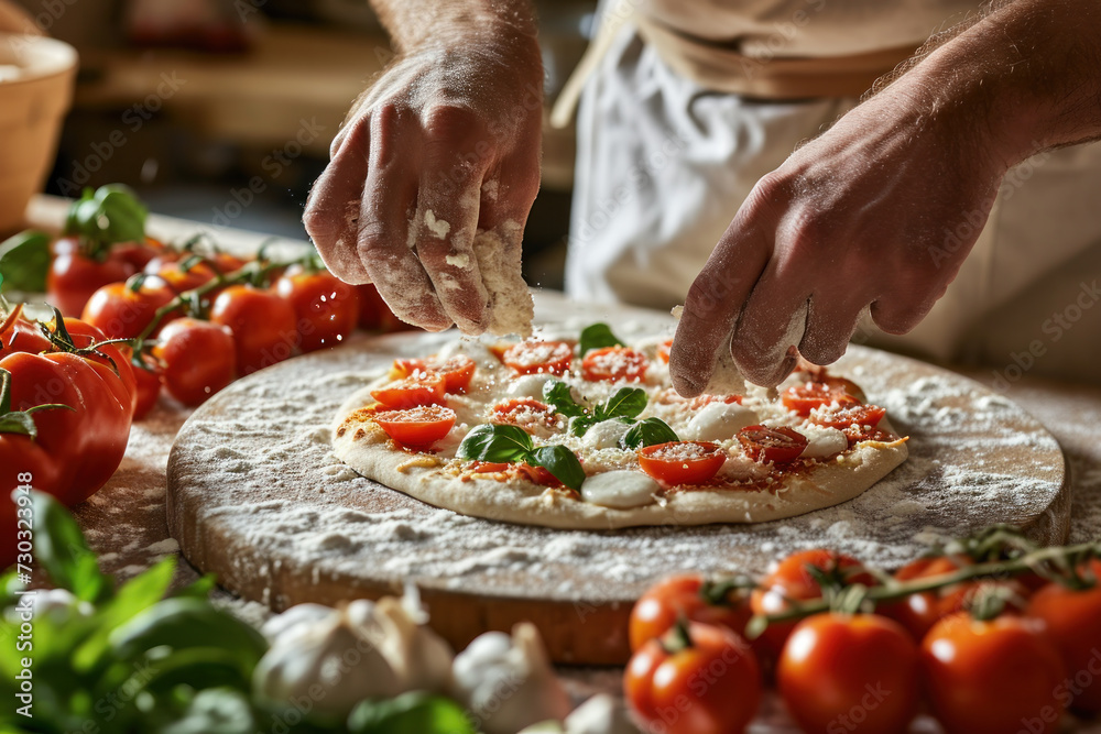 Chef preparing fresh pizza with tomatoes and basil. Culinary arts and homemade cuisine.