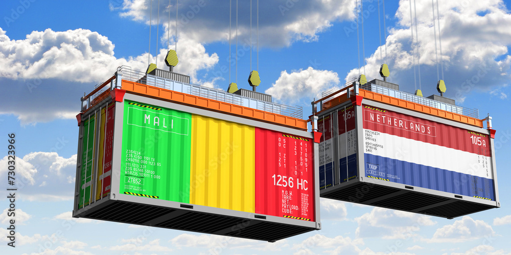 Shipping containers with flags of Mali and Netherlands - 3D illustration