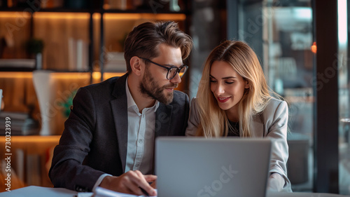 Business man and woman sitting in front of laptop and working together on a project, discussing business strategy that aims to produce results for a company
