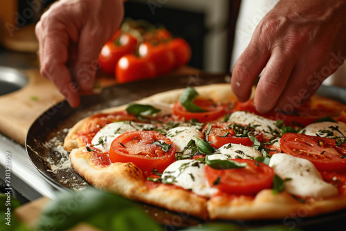 Fresh homemade pizza with tomatoes and basil being prepared. Culinary arts and cooking.
