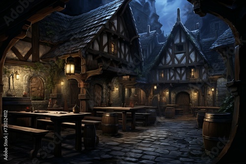 Rustic Medieval tavern exterior. Old pub bar. Generate Ai © juliars