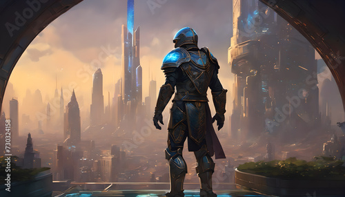 a sci-fi scene with a futuristic warrior looking at a city in the evening
