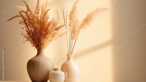 A couple of vases sit atop a table in a simple and elegant arrangement.
