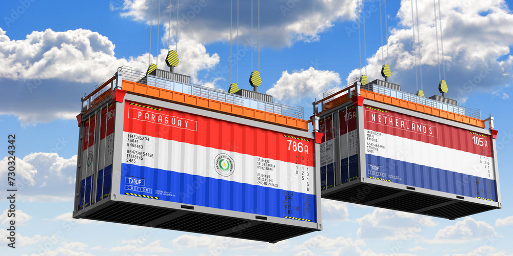 Shipping containers with flags of Paraguay and Netherlands - 3D illustration