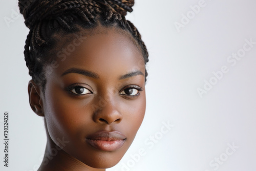 Portrait of young woman with braided hair against neutral background. Beauty and fashion.
