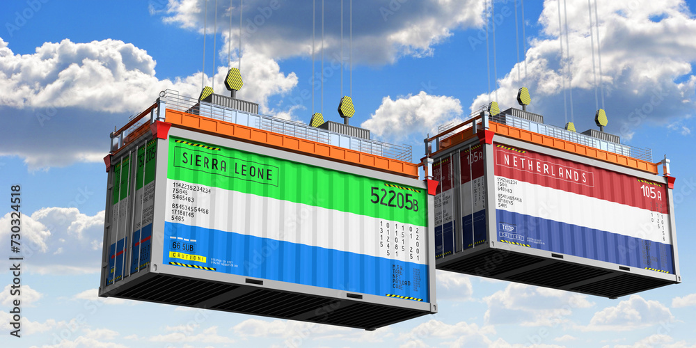 Shipping containers with flags of Sierra Leone and Netherlands - 3D illustration