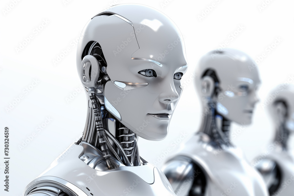 Robots stand in font on white background.Generative AI Illustration
