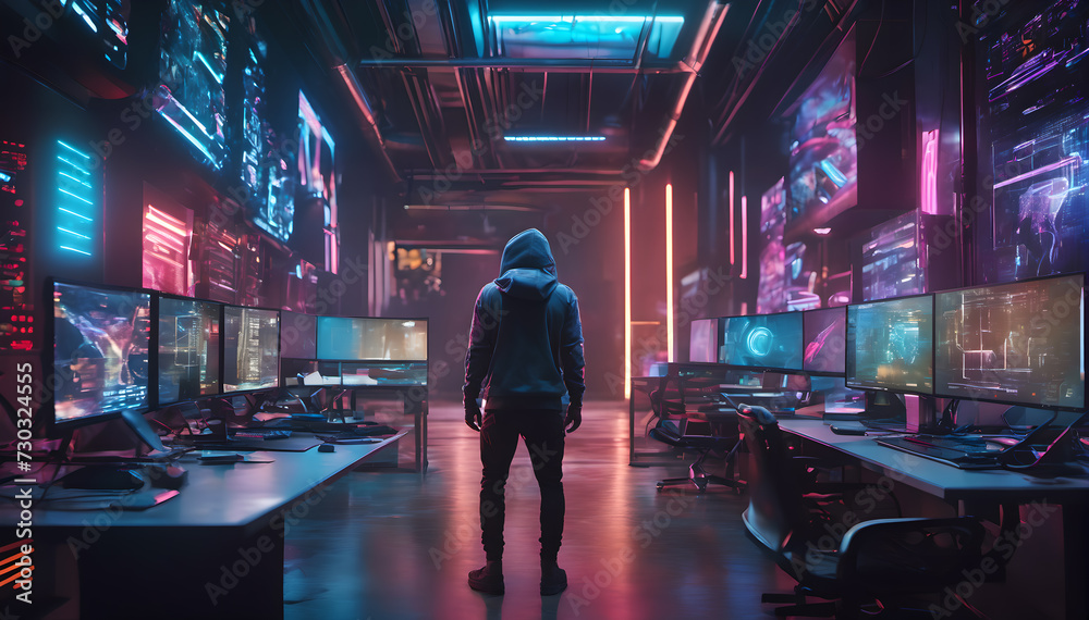 Naklejka premium a young hacker with a backpack standing in a room full of computers and screens in a neon lit environment