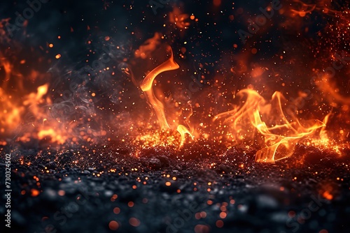 Background with fire sparks, embers and smoke. Overlay effect of burn coal, grill, hell or bonfire with flame glow, flying orange sparkles and fog on black background, vector realistic illustration